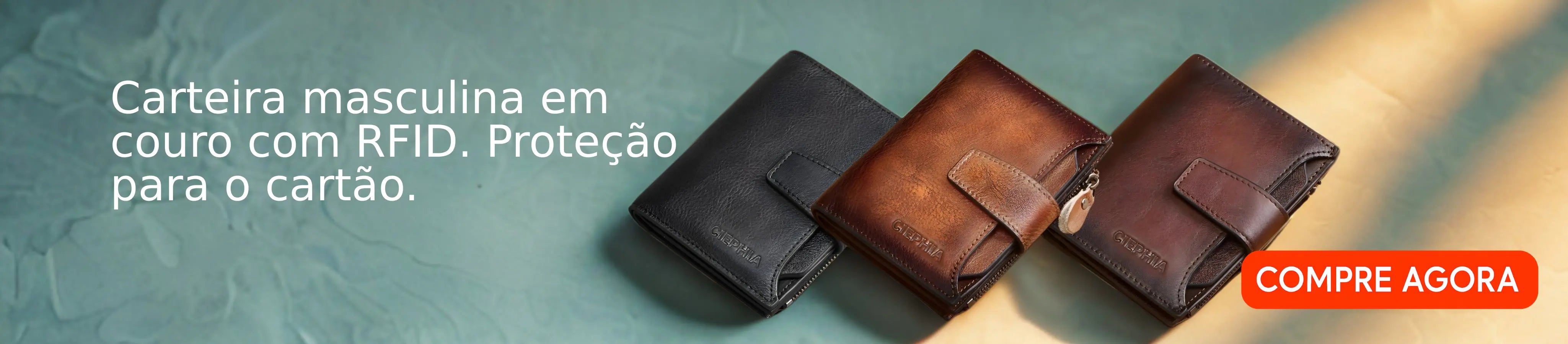 A imagem exibe três carteiras masculinas de couro com proteção RFID, nas cores preta, marrom claro e marrom escuro. À esquerda, o texto diz: “Carteira masculina em couro com RFID. Proteção para o cartão.” À direita, um botão laranja com o texto: “COMPRE AGORA”, incentivando a compra imediata.