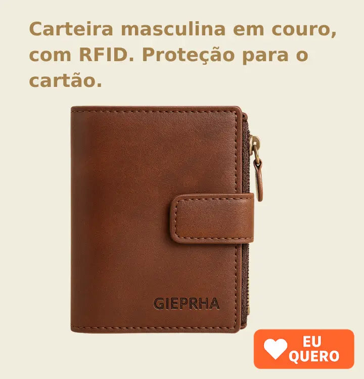 A imagem exibe três carteiras masculinas de couro com proteção RFID, nas cores preta, marrom claro e marrom escuro. À esquerda, o texto diz: “Carteira masculina em couro com RFID. Proteção para o cartão.” À direita, um botão laranja com o texto: “COMPRE AGORA”, incentivando a compra imediata.
