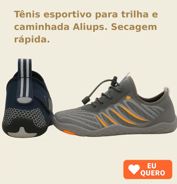 A imagem mostra três pares de tênis esportivos para atividades como trilha e caminhada. O modelo à esquerda é escuro e tem detalhes em cinza e laranja. O do meio é cinza com listras em laranja, e o da direita é rosa, com sola preta e detalhes de cores vibrantes. O texto na imagem diz: "Tênis esportivo para trilha e caminhada Aliups. Secagem rápida." e há um botão laranja com a inscrição "COMPRE AGORA".