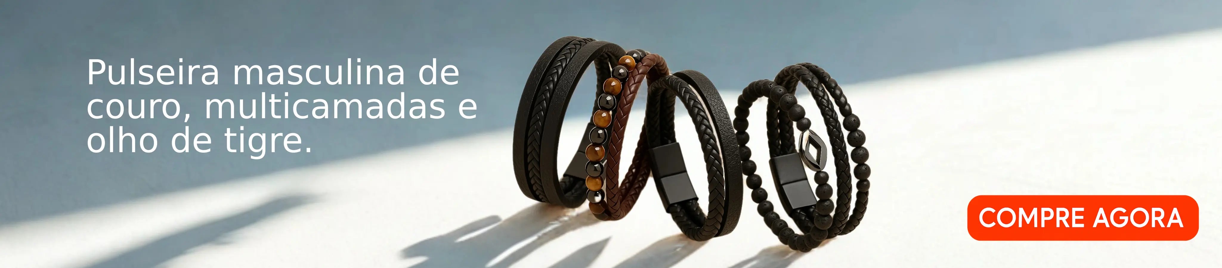 A imagem exibe três pulseiras masculinas com design moderno, feitas de couro, com multicamadas e detalhes em pedras olho de tigre. À esquerda, o texto promocional destaca essas características. À direita, o botão laranja com a frase: “COMPRE AGORA”, chamando para a ação.