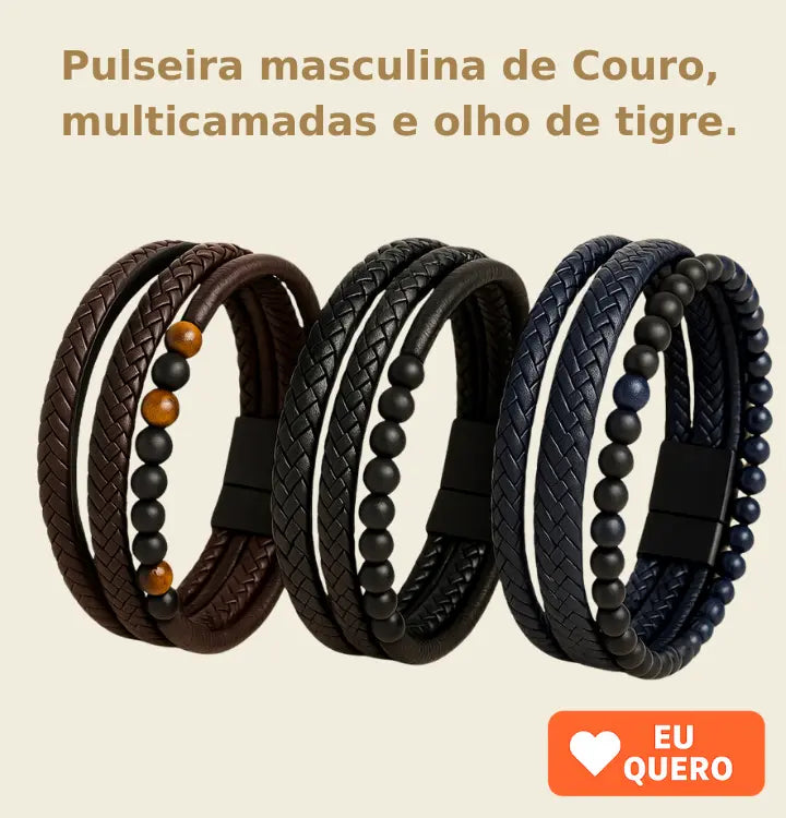 A imagem exibe três pulseiras masculinas com design moderno, feitas de couro, com multicamadas e detalhes em pedras olho de tigre. À esquerda, o texto promocional destaca essas características. À direita, o botão laranja com a frase: “COMPRE AGORA”, chamando para a ação.