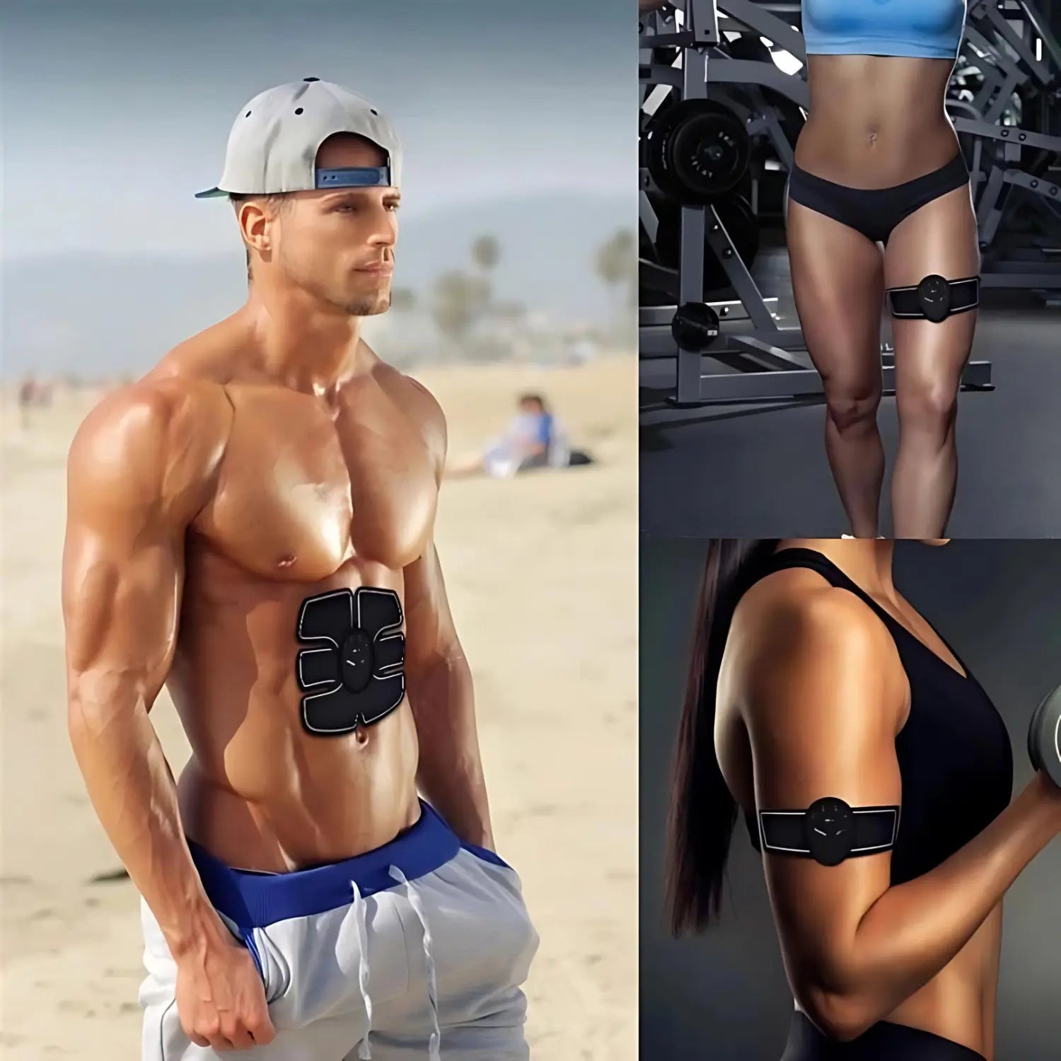 A imagem mostra o uso do dispositivo de estimulação muscular em diferentes partes do corpo. À esquerda, um homem está usando o adesivo no abdômen enquanto está na praia. À direita, uma mulher está utilizando o dispositivo nos braços e nas coxas, provavelmente durante um treino na academia. O aparelho é projetado para tonificar os músculos por meio de impulsos elétricos.