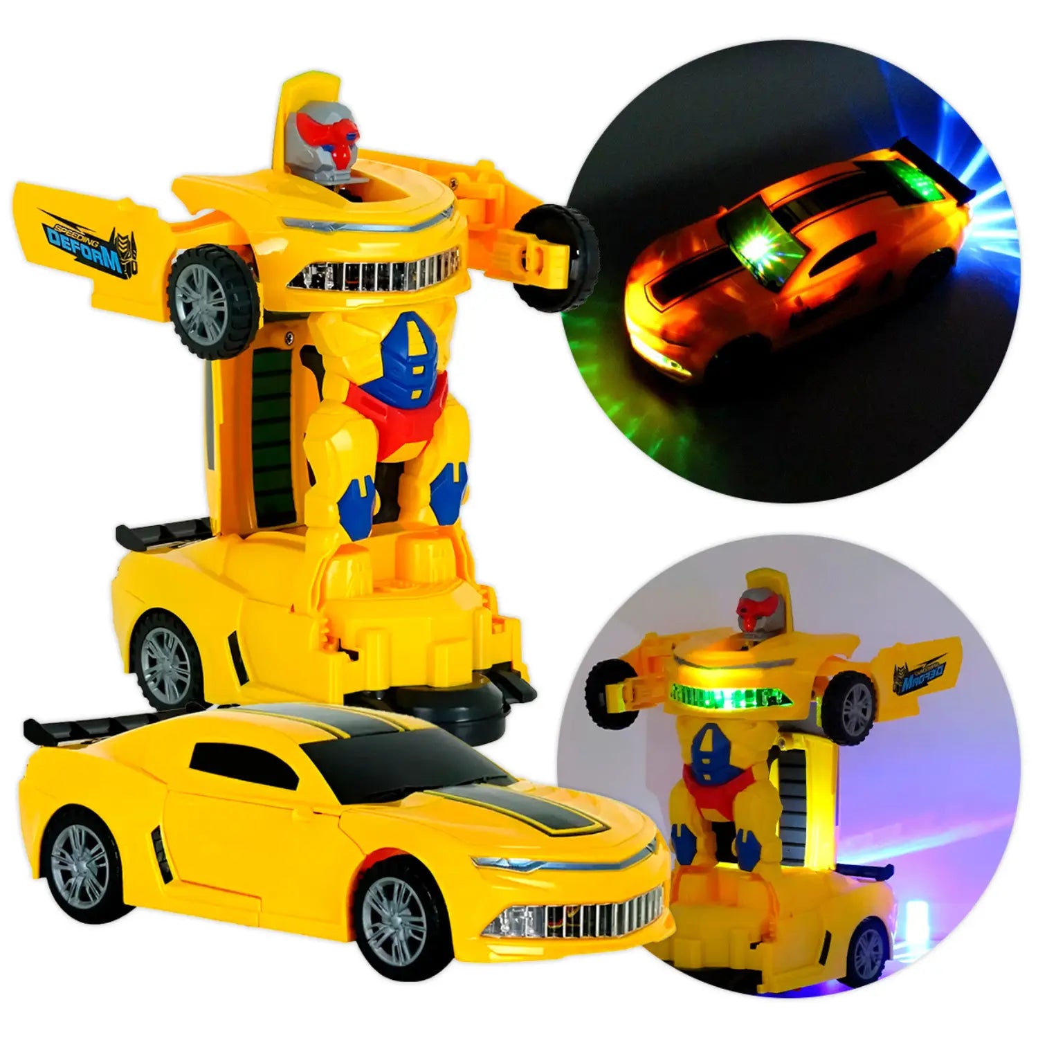 A imagem mostra um brinquedo transformável que pode se transformar de um carro amarelo com luzes brilhantes para um robô com detalhes coloridos. O carro tem luzes na parte frontal e nas rodas, enquanto o robô é mais detalhado, com a parte superior destacando-se com cores vivas. O brinquedo é interativo e visualmente interessante, oferecendo uma experiência divertida de transformação.