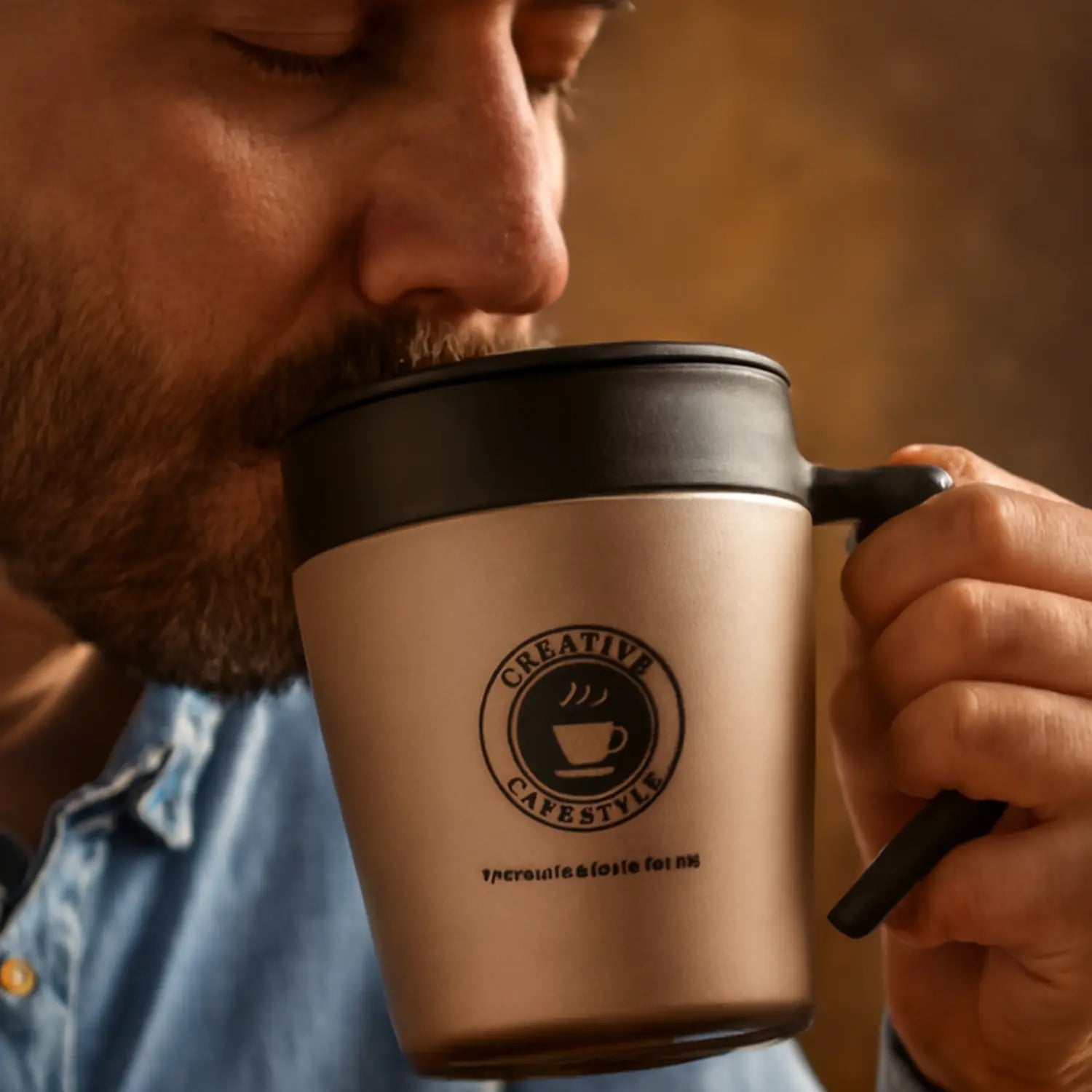A imagem mostra um homem segurando e apreciando uma bebida em uma caneca da marca "Creative Cafestyle". A caneca tem um design elegante com acabamento metálico dourado e uma tampa preta. O logo da marca está visível na parte frontal. O homem está saboreando sua bebida, com uma expressão de prazer, evidenciando a qualidade e o estilo do produto. O slogan "To create a taste for life" está impresso abaixo do logo, enfatizando a proposta da marca.