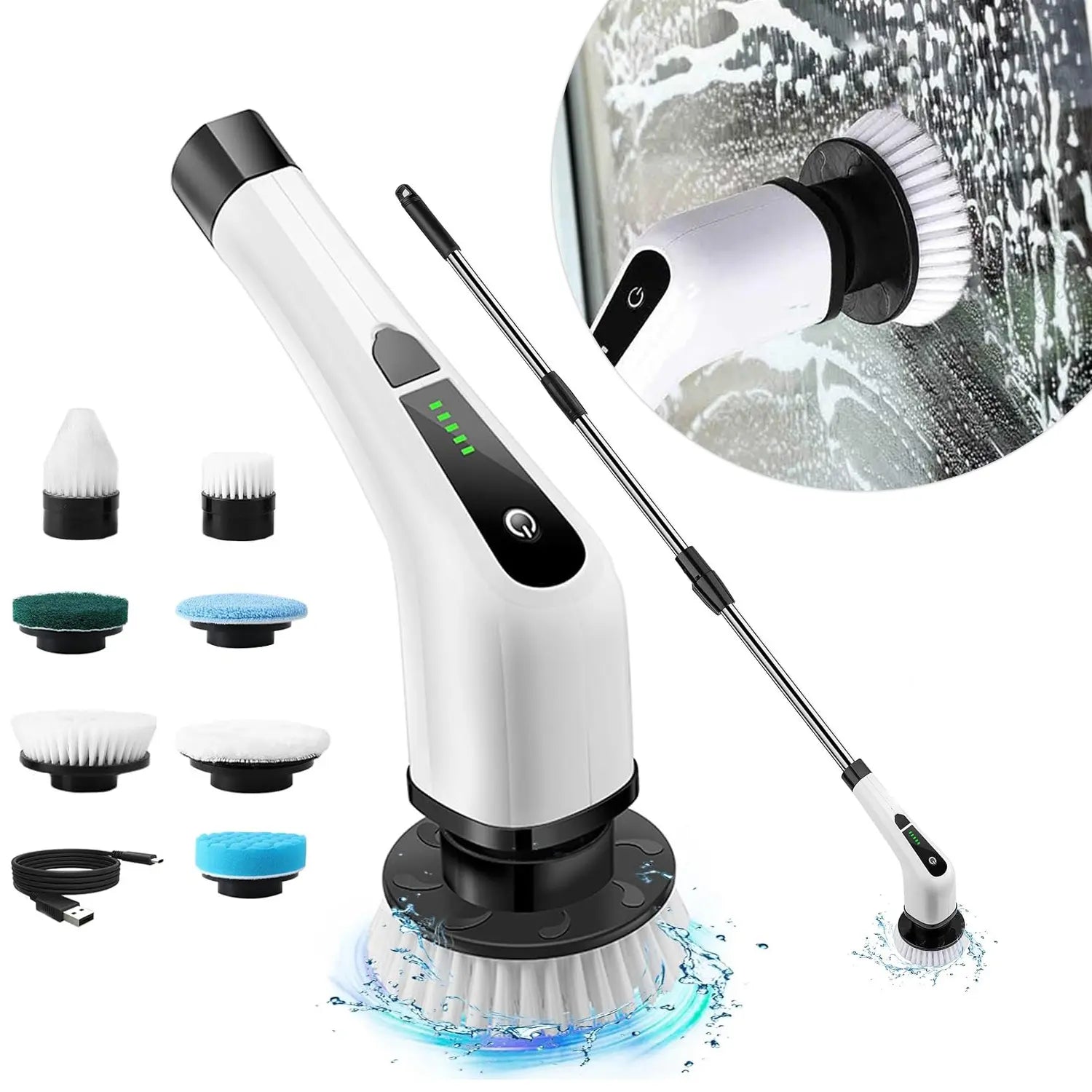 A imagem mostra um limpador elétrico com cabo longo e escovas intercambiáveis. Ele é projetado para limpar superfícies como vidros ou pisos, com uma escova rotativa que libera água para facilitar a remoção de sujeira. O dispositivo possui controles na parte superior e várias escovas para diferentes necessidades de limpeza.