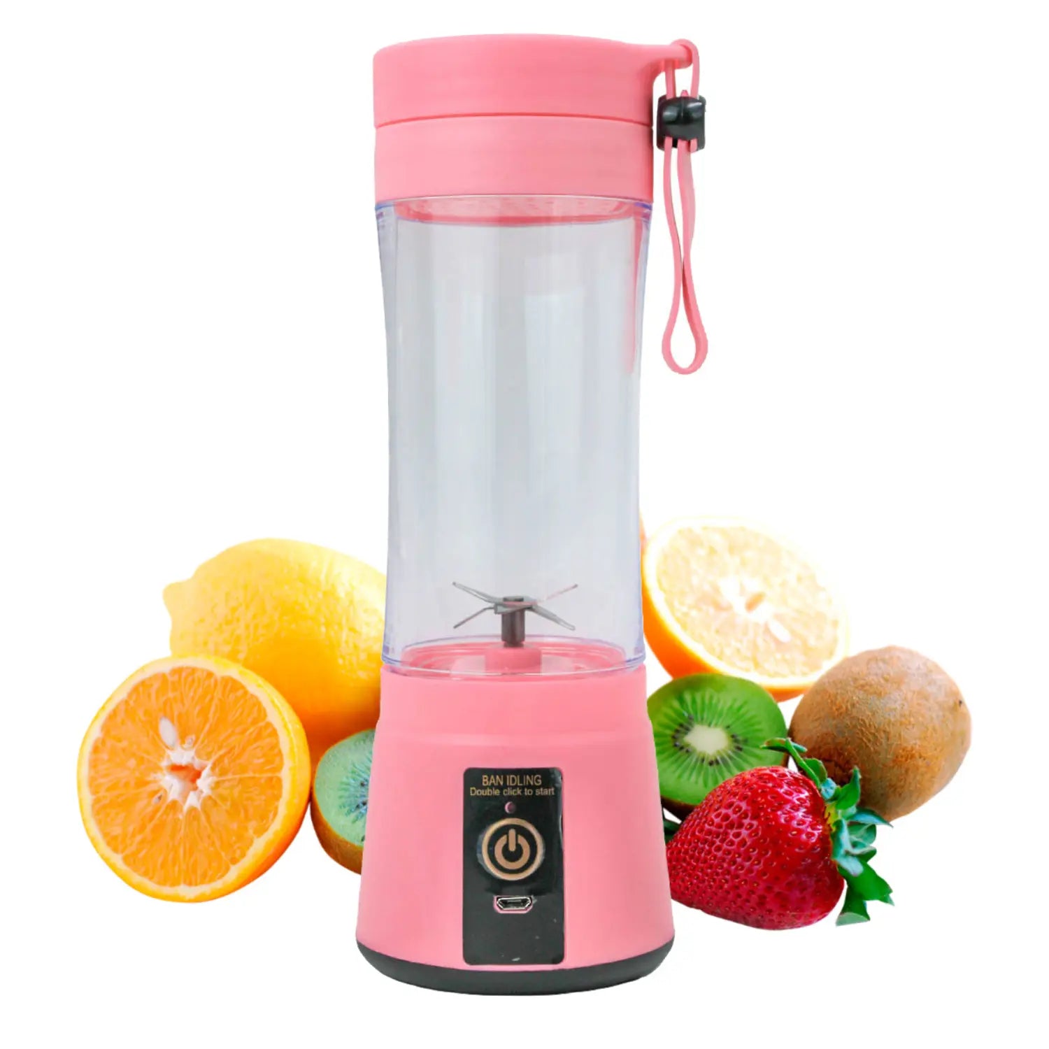 A imagem exibe um liquidificador portátil rosa, ideal para a preparação de sucos e smoothies. Ao fundo, há frutas como laranja, kiwi e morango, sugerindo seu uso para fazer bebidas frescas e saudáveis. A oferta de "Frete Grátis" está destacada na parte inferior da imagem, chamando atenção para a promoção.