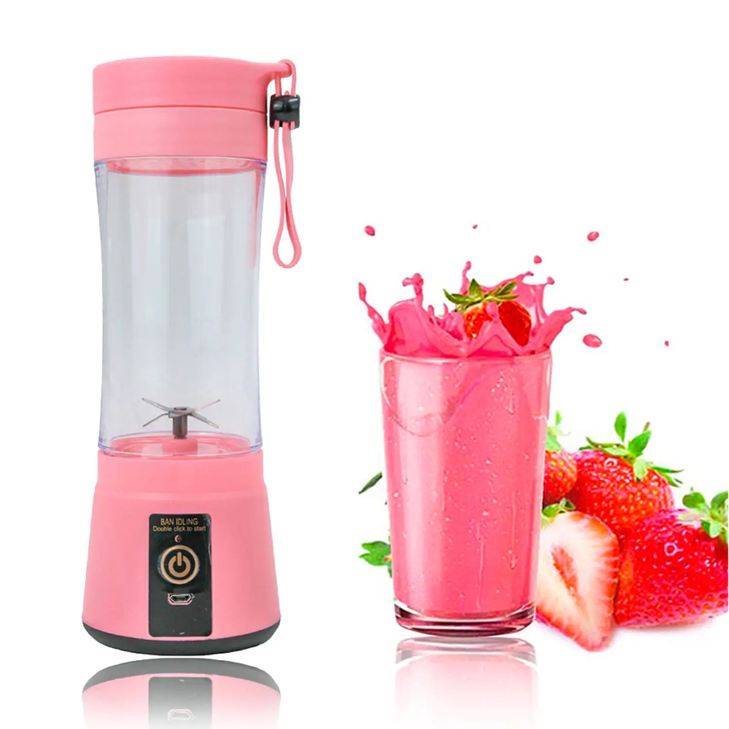 A imagem mostra um liquidificador portátil rosa ao lado de um copo com suco de morango, destacando sua capacidade de preparar bebidas frescas. O liquidificador tem um design moderno, com um botão de operação na base e uma entrada USB para carregar. Frutas frescas, como morangos, complementam a cena, sugerindo a preparação de smoothies e sucos saudáveis.