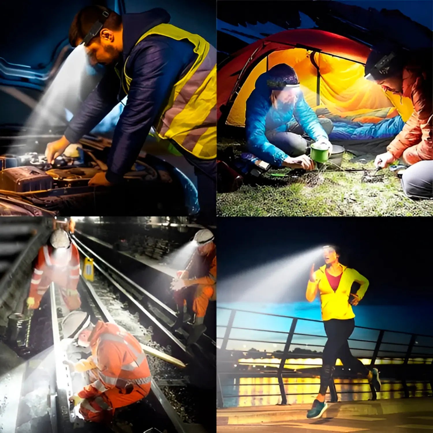 A imagem mostra a lanterna de cabeça sendo usada em várias situações: um mecânico trabalhando no motor de um carro, pessoas acampando à noite, trabalhadores ferroviários realizando reparos nos trilhos e um corredor utilizando a lanterna enquanto corre à noite. Todas as cenas destacam a versatilidade e a utilidade do produto em diferentes contextos.