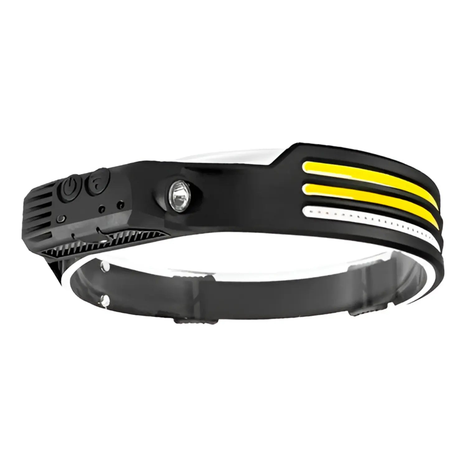 A imagem mostra uma lanterna de cabeça preta com detalhes amarelos. A parte frontal da lanterna possui três faixas amarelas e uma luz LED central. No lado esquerdo da lanterna, estão os botões de controle para ajustes de intensidade ou funções. O design é robusto e moderno, com uma faixa ajustável que envolve a cabeça, ideal para uso em atividades como camping, trabalho ou esportes ao ar livre.