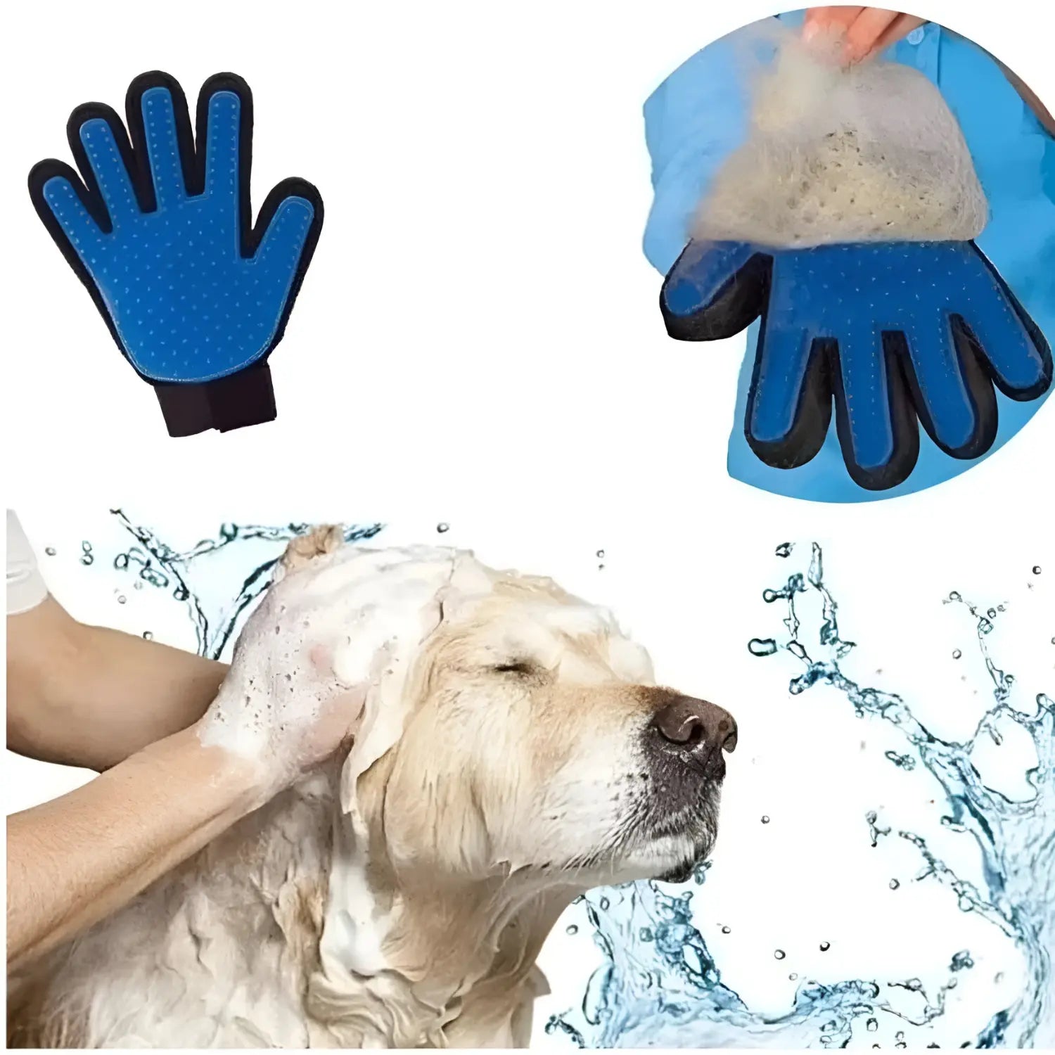 A imagem mostra uma luva de banho para animais de estimação, de cor azul, com várias pontas para facilitar a limpeza do pelo. O produto é usado para massagear e lavar o animal, com a espuma visível na mão, sugerindo um uso eficiente durante o banho do cachorro. O design da luva permite um contato suave com o pelo, tornando a experiência mais confortável para o pet.