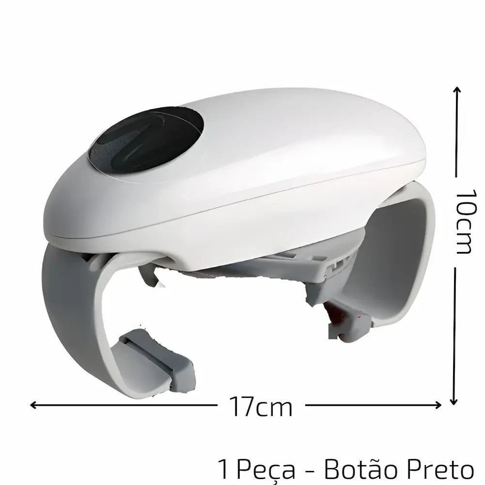 A imagem mostra um abridor de potes automático branco com detalhes em cinza e um botão preto no topo. O dispositivo está posicionado lateralmente, com dimensões destacadas: 17 cm de comprimento e 10 cm de altura. Na parte inferior direita, há o texto "1 Peça - Botão Preto".
