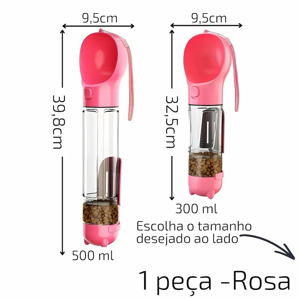 A imagem mostra duas garrafas de água e ração portáteis para cães na cor rosa. A maior tem 39,8 cm de altura e 500 ml de capacidade. A menor tem 32,5 cm de altura e 300 ml de capacidade. Ambas têm compartimento para ração e cordão para transporte. Texto diz "Escolha o tamanho desejado ao lado" e "1 peça - Rosa".