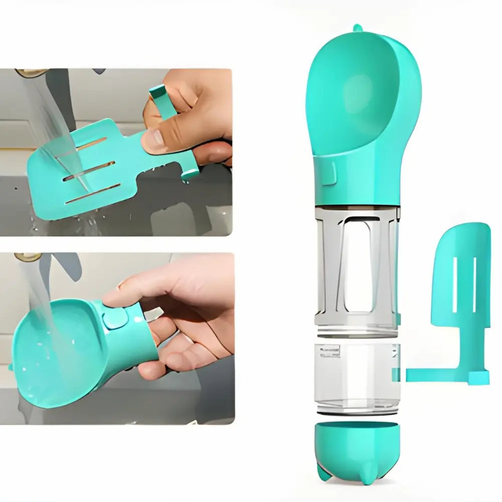  A imagem mostra um bebedouro portátil para cães na cor azul, com partes desmontadas. A imagem à direita exibe o bebedouro completo, enquanto à esquerda são mostradas duas mãos lavando peças do bebedouro: uma lavando a pá de cocô e outra lavando o copo de água.