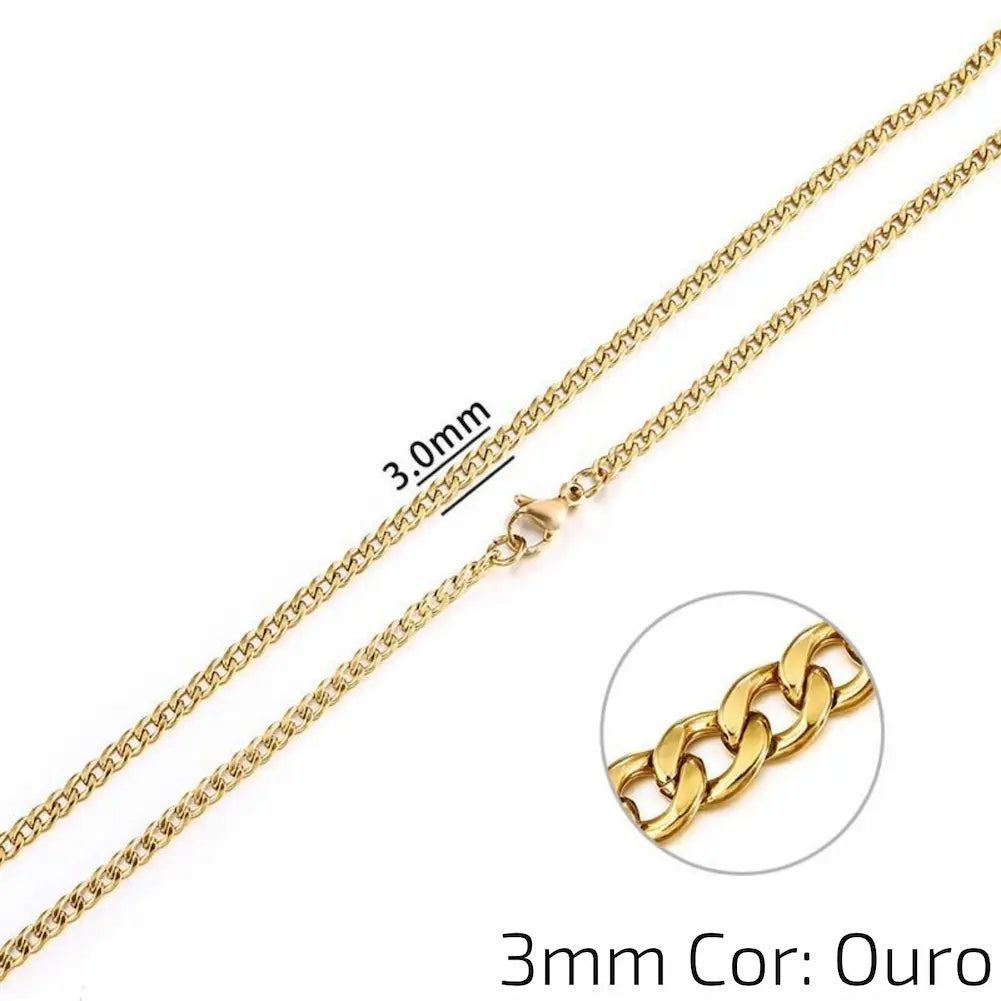 3mm Cor: Ouro - Uma corrente dourada de 3mm com elos lisos, destacada por um fecho de garra. A imagem inclui um close-up dos elos e a indicação do tamanho.
