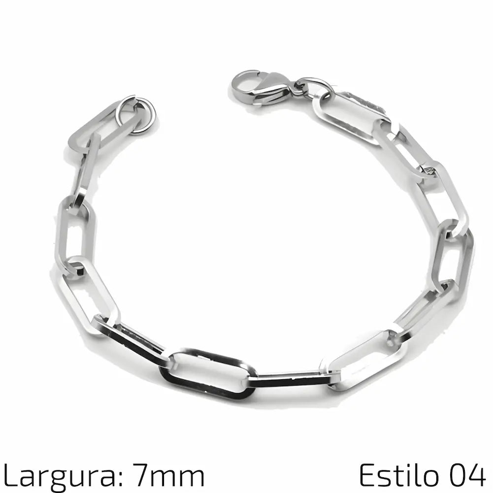 Estilo 04 Descrição: Pulseira de corrente de aço inoxidável com elos retangulares e acabamento polido. Medidas: Largura: 7 mm.