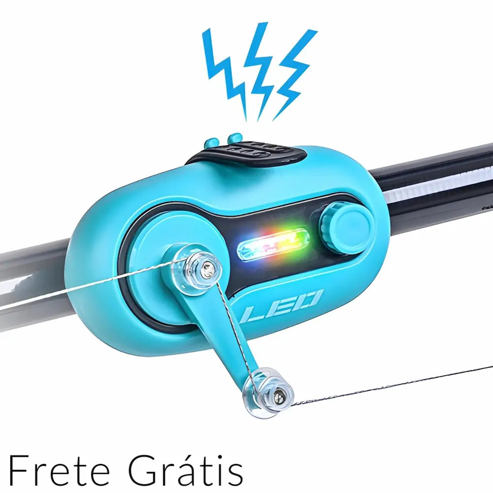 A imagem mostra o dispositivo na versão azul, com luzes LED coloridas visíveis na parte frontal, indicando que está em funcionamento. O "Modo B" está configurado, com a alavanca visível, e o ícone de raios sugere uma função de alerta ou indicação de atividade. A legenda "Frete Grátis" também está presente na parte inferior da imagem.