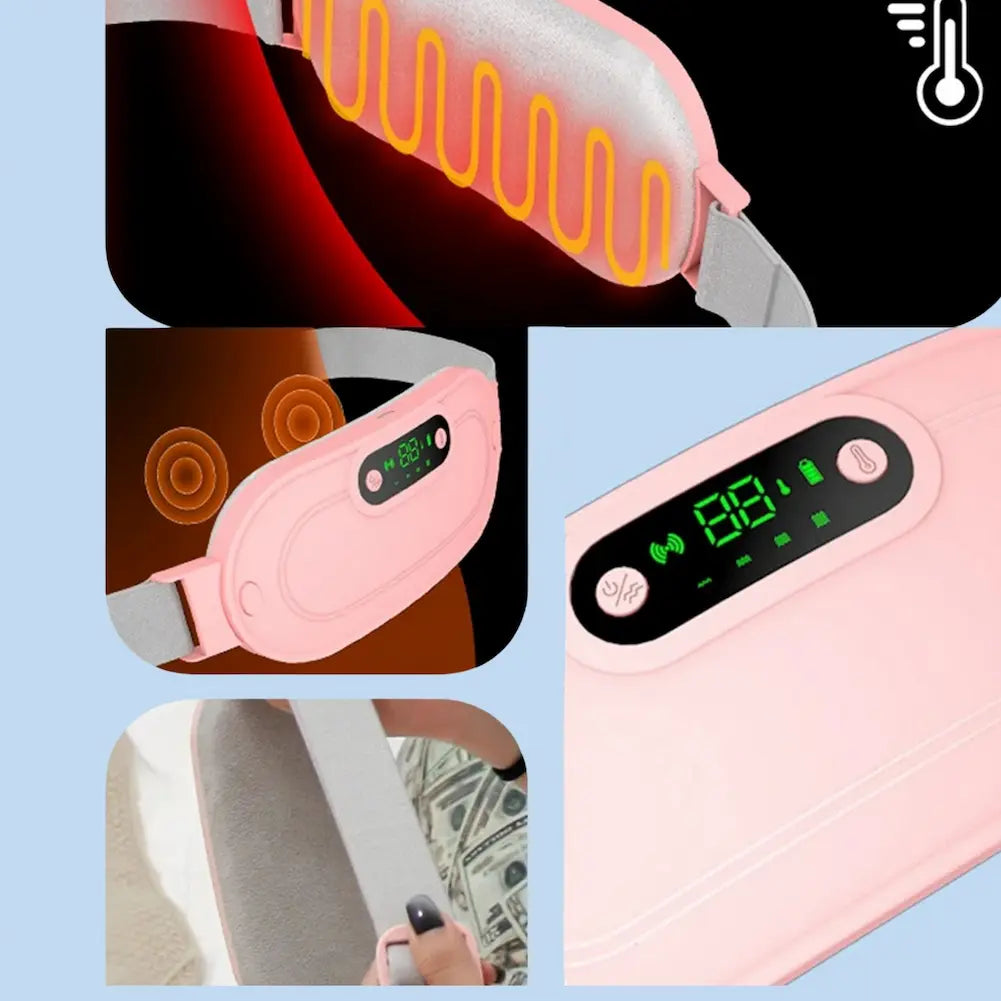  A imagem apresenta várias perspectivas de uma almofada térmica rosa claro para dor menstrual. Mostra detalhes do aquecimento interno, design curvo para ajuste confortável e o visor digital exibindo a temperatura de 65°C. Inclui uma demonstração do uso na cintura e close-ups da textura macia do tecido e do ajuste da faixa elástica, destacando a praticidade e eficiência do dispositivo.