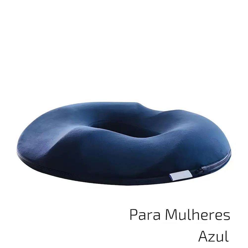 Para Mulheres Azul Almofada azul em formato de donut com design ergonômico, indicada para mulheres. Possui uma cavidade central para alívio de pressão e um zíper na lateral. Esta é uma das opções de compra.