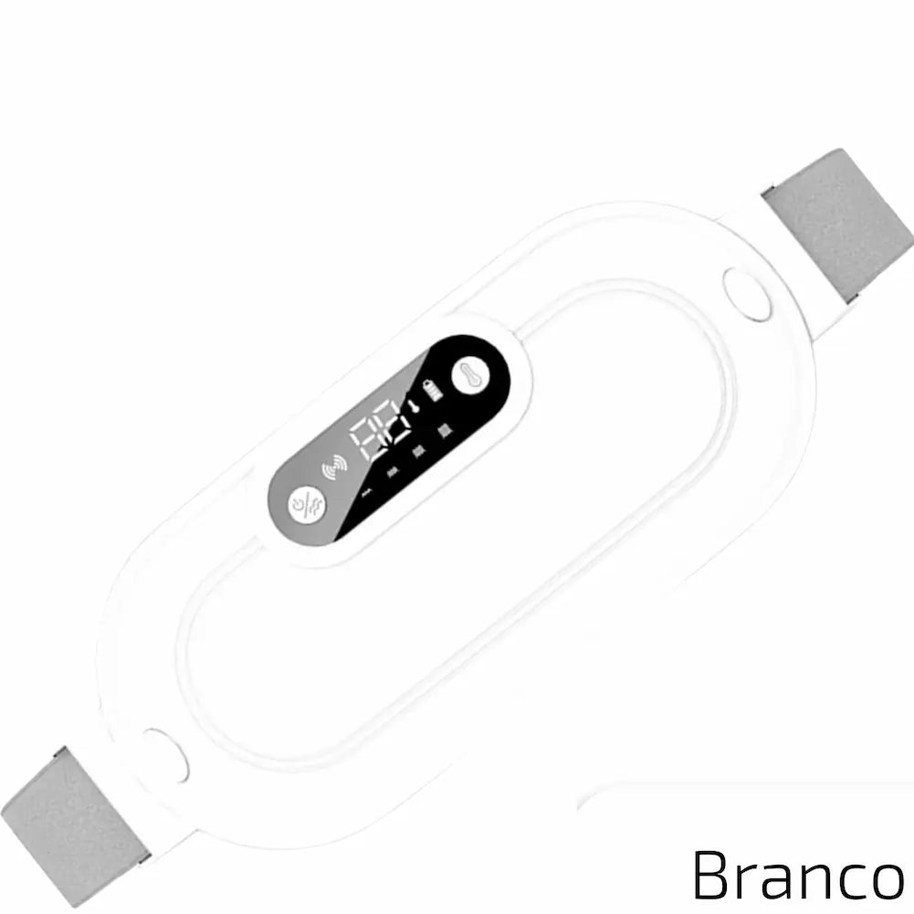  A imagem apresenta uma almofada térmica branca para cólicas menstruais. O dispositivo tem um visor digital centralizado que mostra a temperatura de 65°C, botões de controle e uma faixa elástica cinza para fixação. O design é limpo e moderno, com a descrição "Branco" no canto inferior direito, destacando a cor do produto.