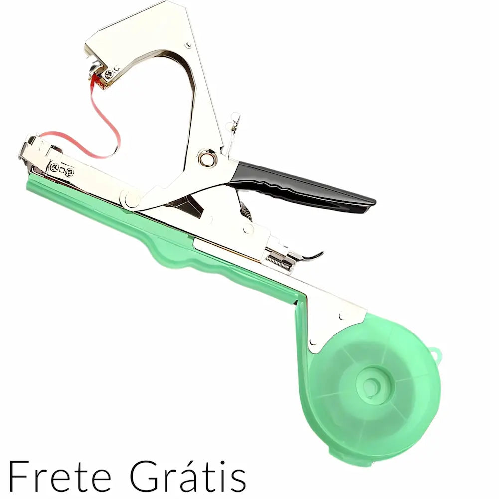 A imagem mostra uma ferramenta de amarrar plantas, semelhante a um grampeador grande, com partes de metal e plástico verde. O texto na parte inferior diz "Frete Grátis".