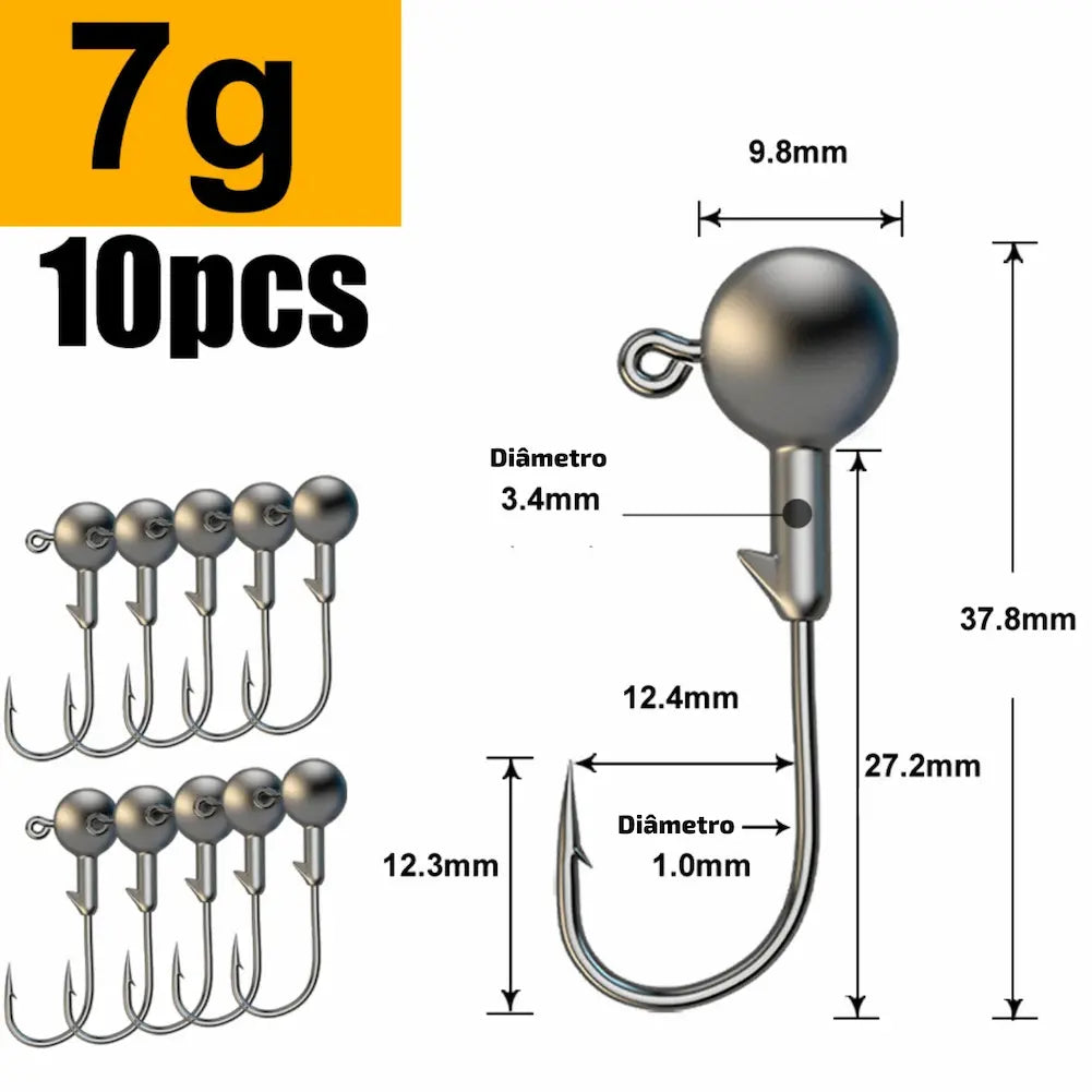 Esta imagem mostra um conjunto de anzóis com peso de 7 gramas. Cada anzol possui uma esfera metálica na parte superior e ganchos afiados. As medidas detalhadas mostram um diâmetro de 3.4mm para a esfera e 1.0mm para o gancho. Uma excelente opção de compra para pescadores.