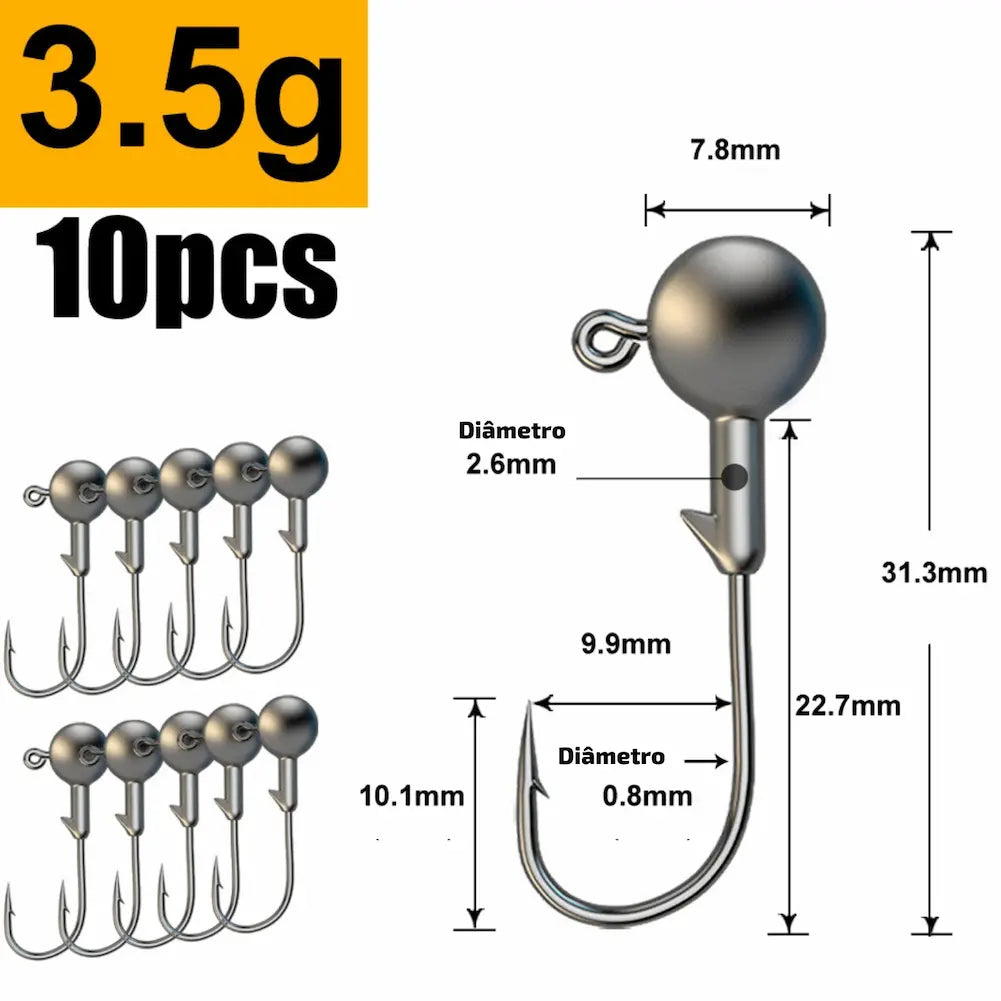 A imagem exibe anzóis de 3.5 gramas, com uma esfera de 2.6mm de diâmetro e um gancho de 0.8mm. O comprimento total do anzol é de 31.3mm. Essa opção de compra é ideal para pescas mais leves.