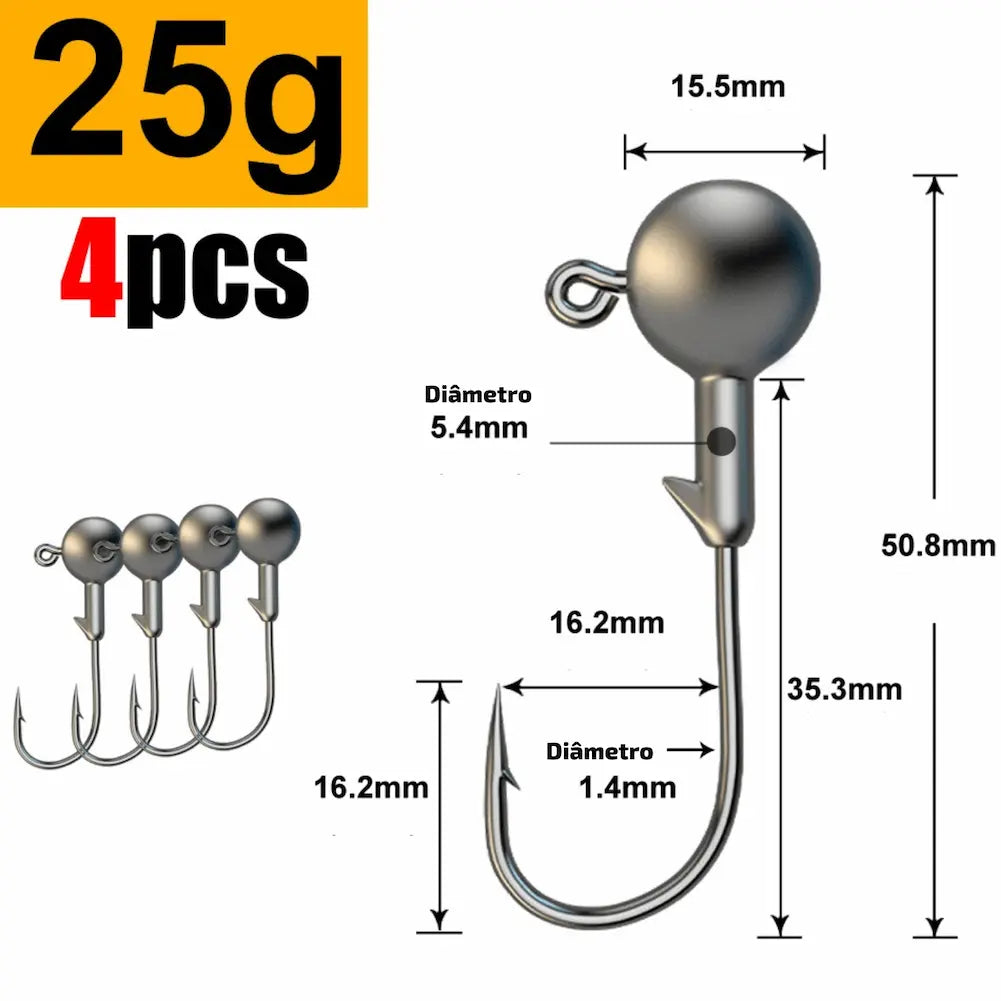 Aqui vemos anzóis de 25 gramas, com uma esfera de 5.4mm e gancho de 1.4mm. O comprimento total é de 50.8mm. Uma opção robusta para captura de peixes grandes, garantindo segurança e desempenho.