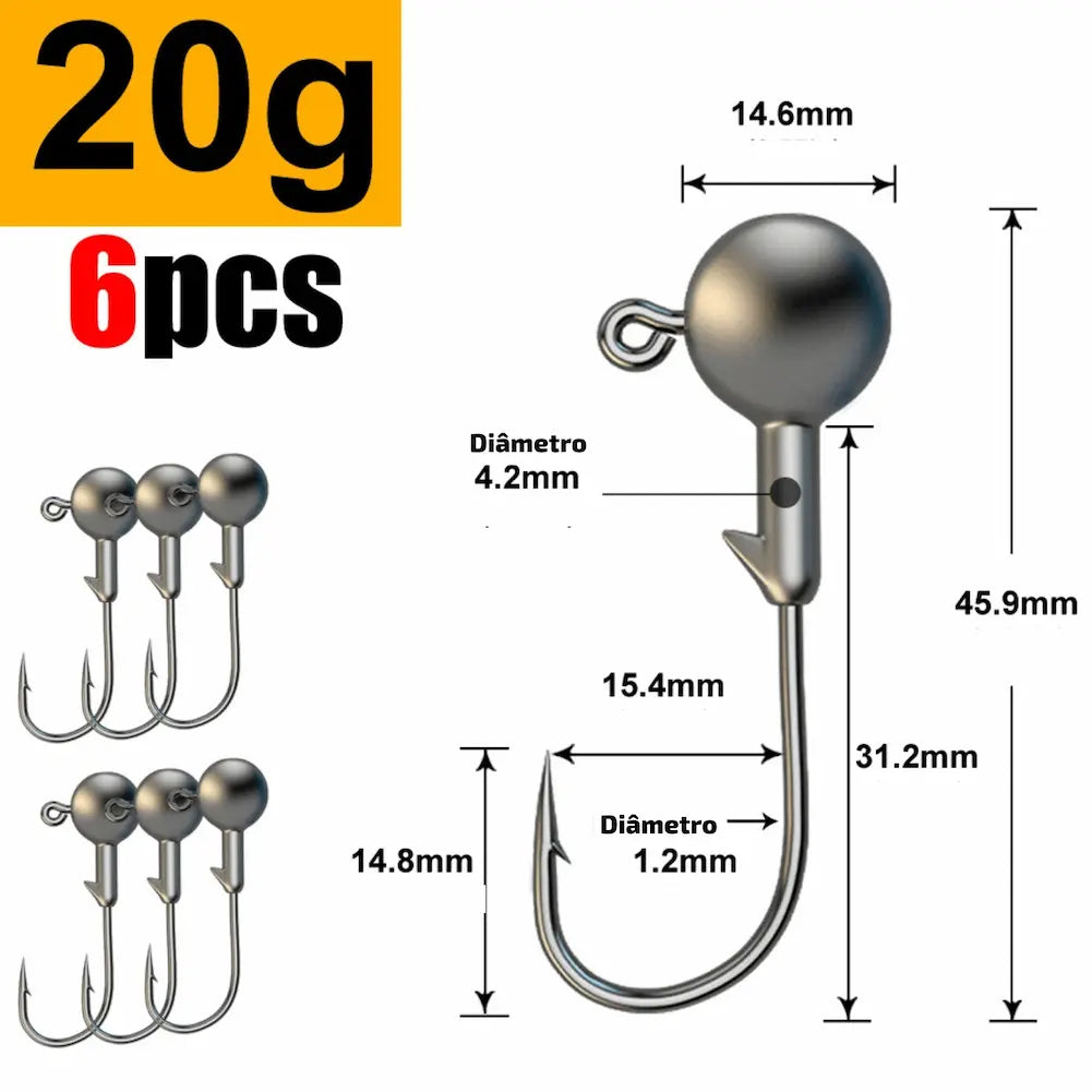 Esta imagem apresenta anzóis de 20 gramas, com uma esfera de 4.2mm e gancho de 1.2mm. O comprimento é de 45.9mm. Esta opção de compra é perfeita para pescas intermediárias.
