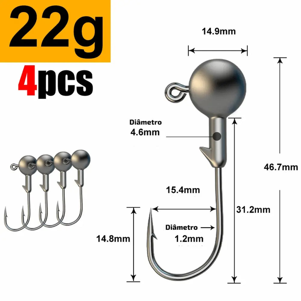 Anzóis de 22 gramas são mostrados aqui, com uma esfera de 4.6mm e gancho de 1.2mm. O comprimento é de 46.7mm. Esta opção de compra é ideal para pescadores que procuram resistência e durabilidade.