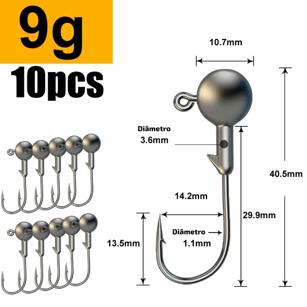 Nesta imagem, temos anzóis de 9 gramas, com uma esfera de 3.6mm e gancho de 1.1mm. O comprimento é de 40.5mm. É uma opção excelente para pescas variadas.