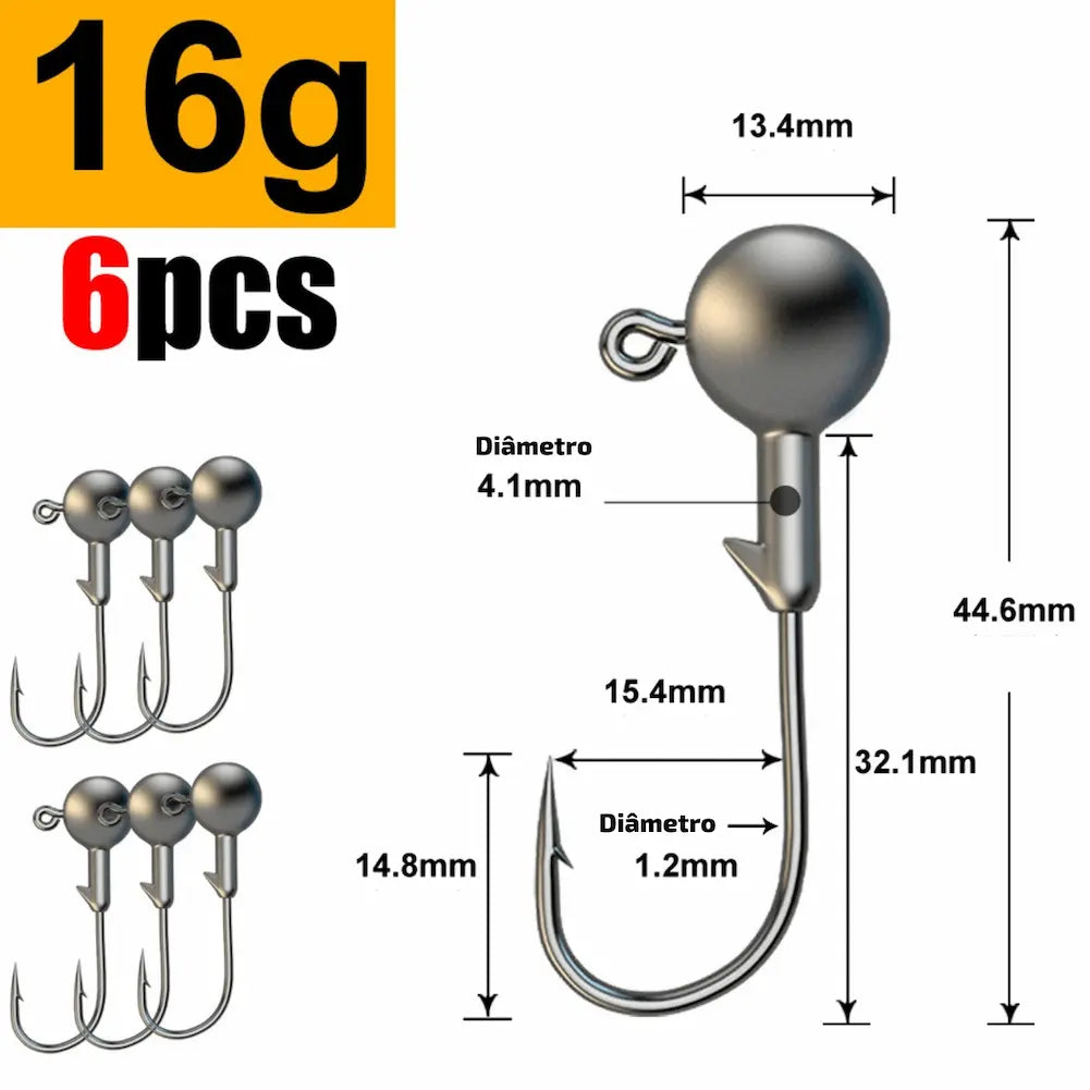 A imagem mostra anzóis de 16 gramas, com uma esfera de 4.1mm e gancho de 1.2mm. O comprimento total é de 44.6mm. Uma boa opção de compra para pescas moderadas.  14g: