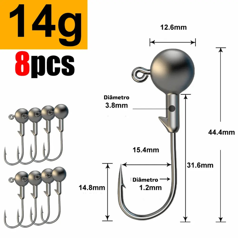 Aqui vemos anzóis de 14 gramas, com uma esfera de 3.8mm e gancho de 1.2mm. O comprimento total é de 44.4mm. Esta é uma opção de compra versátil para diversos tipos de pesca.