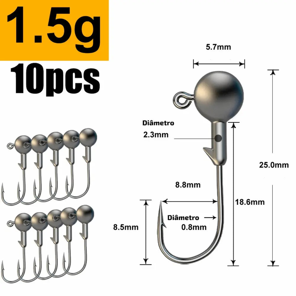 A imagem exibe anzóis de 1.5 gramas, com uma esfera de 2.3mm e gancho de 0.8mm. O comprimento total é de 25.0mm. Esta opção de compra é ideal para pesca leve e precisa.  10g: