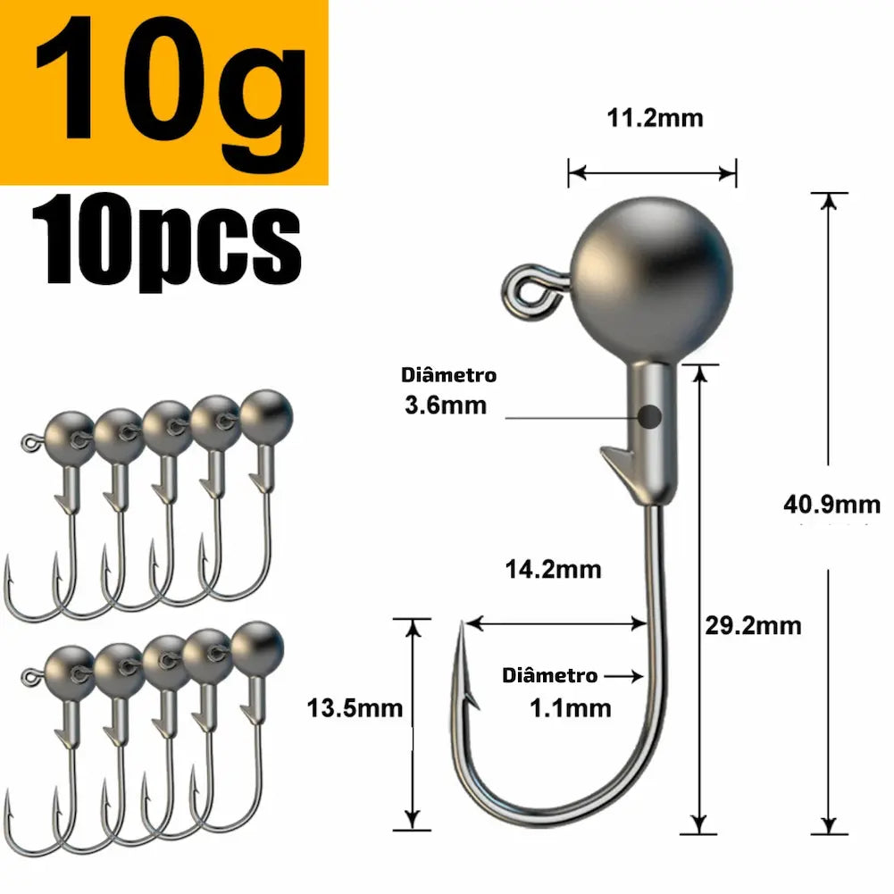 Esta imagem mostra anzóis de 10 gramas, com uma esfera de 3.6mm e gancho de 1.1mm. O comprimento é de 40.9mm. Uma excelente opção de compra para pescas diversas, proporcionando segurança e eficiência.