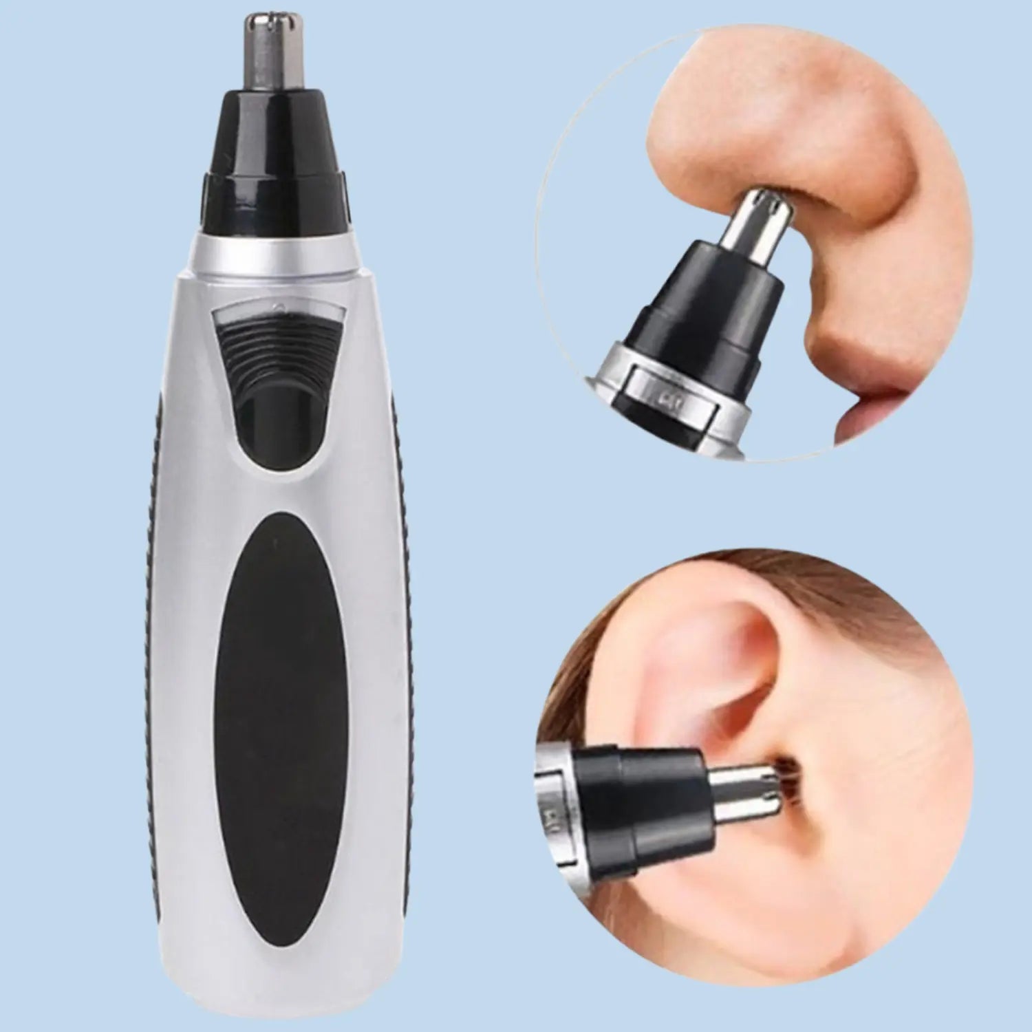 A imagem mostra um aparador de pelos portátil para nariz e orelha em destaque no centro, com corpo prateado e detalhes em preto. À direita, dois círculos ilustram o uso do aparelho:

Na parte superior: aparando pelos do nariz.

Na parte inferior: aparando pelos da orelha.

O fundo azul transmite sensação de higiene e praticidade, reforçando a funcionalidade segura e indolor do produto.