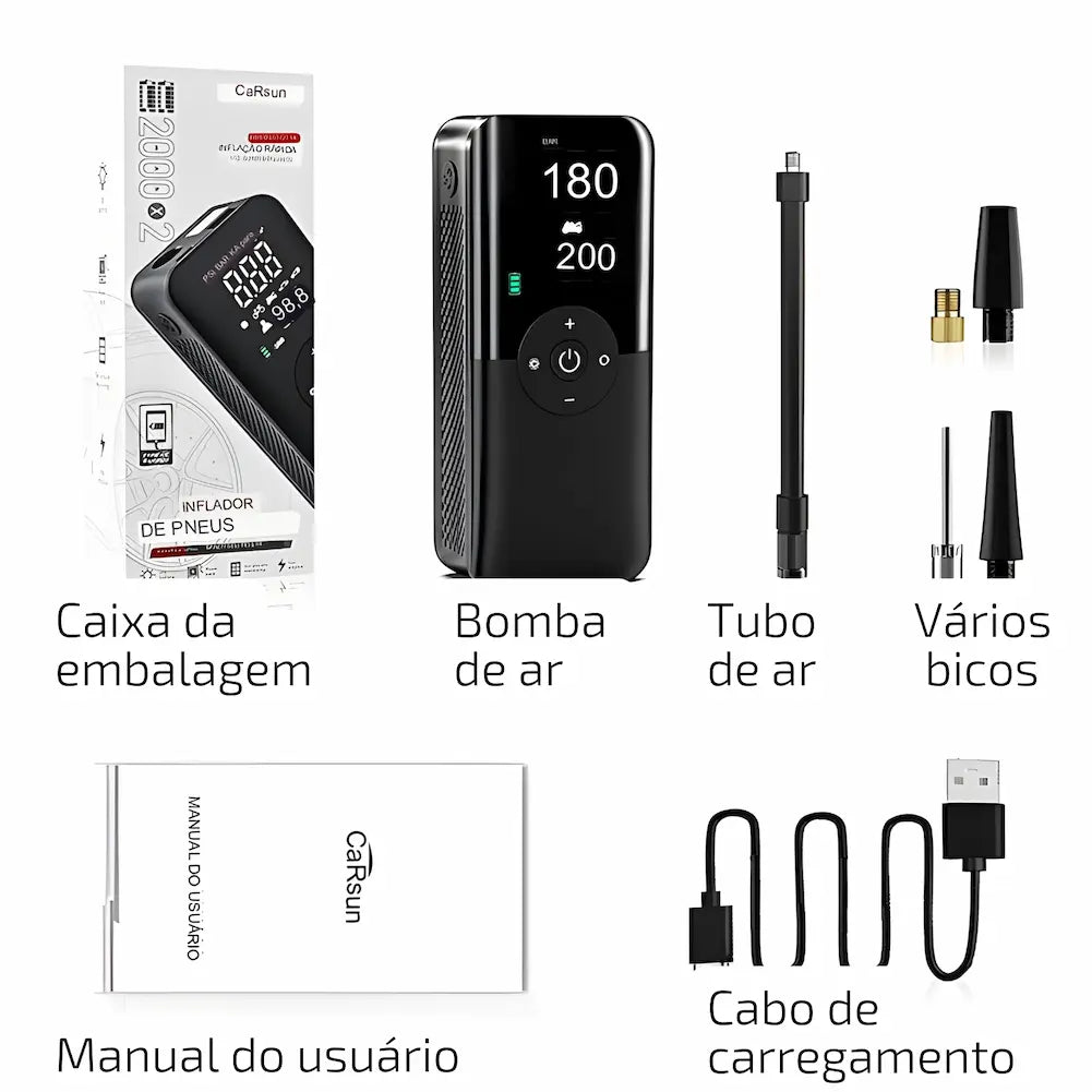 A imagem mostra o conteúdo de um kit de inflador de pneus portátil. Inclui a caixa da embalagem, a bomba de ar, um tubo de ar, vários bicos de adaptação, um manual do usuário e um cabo de carregamento USB. Cada item está claramente etiquetado para facilitar a identificação.