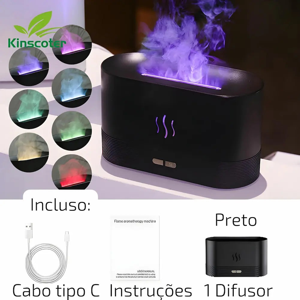  Imagem de um umidificador de ar preto da marca Kinscoter, emitindo vapor iluminado em várias cores (roxo, azul, verde, vermelho). Ao lado do umidificador, há imagens das diferentes cores do vapor. Abaixo, a imagem contém os itens inclusos: um cabo tipo C, um manual de instruções e o difusor. O texto "Incluso: Cabo tipo C, Instruções, 1 Difusor" está presente, destacando o conteúdo da embalagem.
