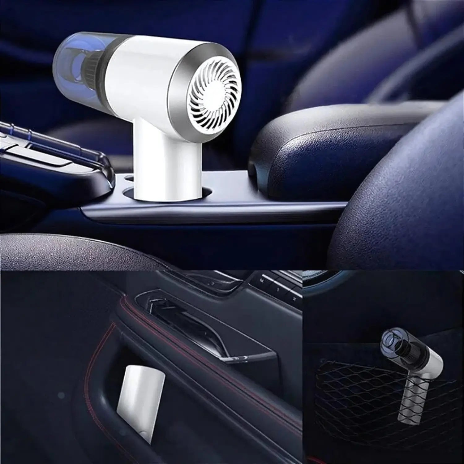 A imagem mostra um mini aspirador de pó portátil, projetado para ser usado em carros. Ele está posicionado no console central do veículo, próximo à alavanca de câmbio. O design compacto e moderno do aspirador destaca um corpo metálico prateado e uma parte superior com um ventilador visível. Também são visíveis os compartimentos de armazenamento, otimizados para o uso eficiente em espaços pequenos como o interior de um carro.