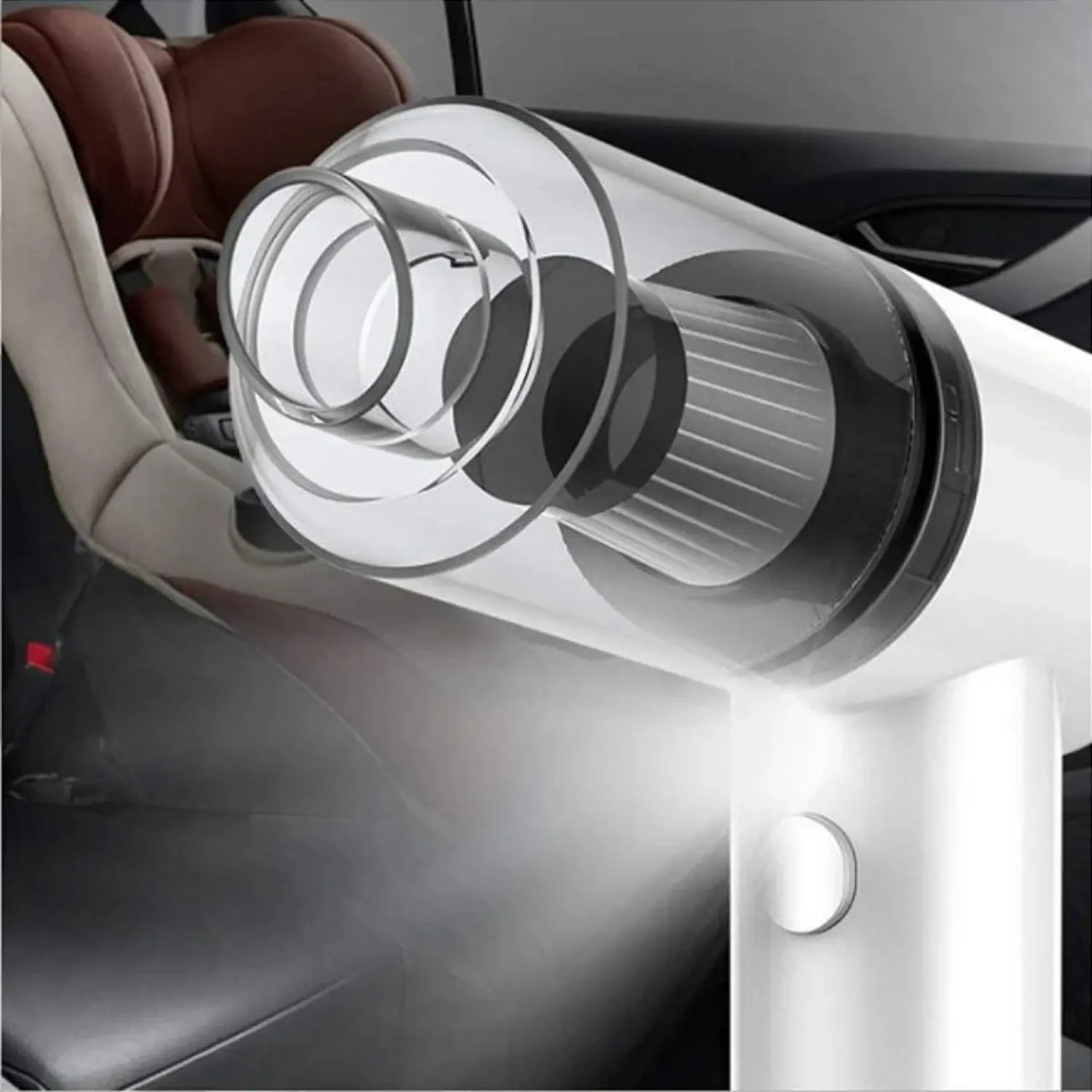 A imagem mostra um dispositivo de limpeza, possivelmente um aspirador ou secador de ar, com um design futurista e detalhes expostos. Ele está focado na parte frontal, destacando o mecanismo interno em camadas, que indica um sistema de filtragem ou fluxo de ar. O fundo apresenta o interior de um veículo, evidenciando o uso do produto para limpeza ou secagem do ambiente automotivo.