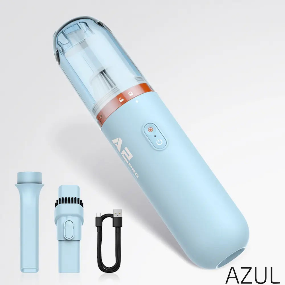  A imagem mostra um aspirador de pó portátil AZPRO na cor azul, junto com seus acessórios. Inclui um bico fino, um bocal de sucção, e um cabo USB para carregamento. O aspirador é cilíndrico com detalhes laranja e uma tampa transparente. O fundo é branco e o texto "AZUL" está no canto inferior direito.