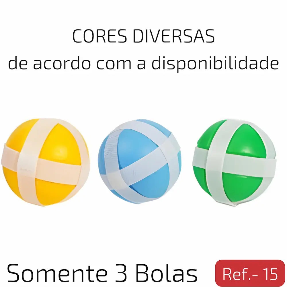 Ref. 15 Imagem de três bolas adesivas coloridas (amarela, azul e verde) com faixas brancas, usadas em jogos de alvo. Cores diversas de acordo com a disponibilidade.