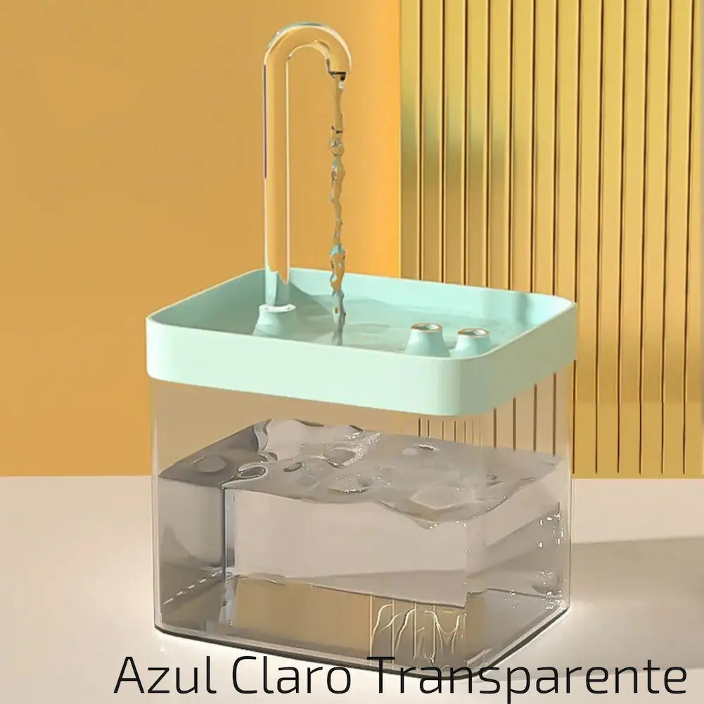 Imagem de um bebedouro para pets com base transparente e tampa azul clara. O tubo de água curvado no topo libera um fluxo constante. O fundo é amarelo com detalhes verticais. Este modelo "Azul Claro Transparente" é uma opção de compra atraente.