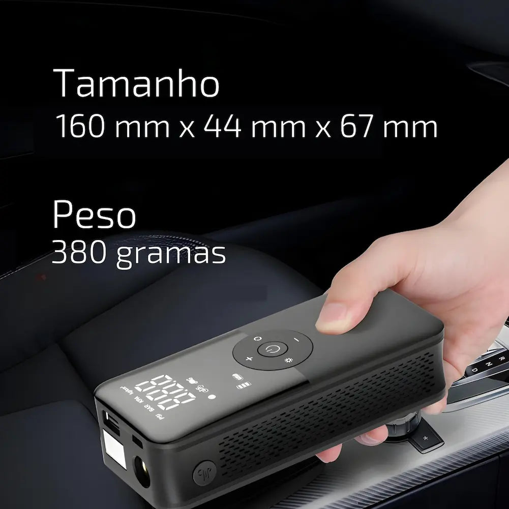 A imagem mostra uma mão segurando um inflador de pneus portátil, com as especificações de tamanho e peso destacadas. O texto indica que o tamanho é 160 mm x 44 mm x 67 mm e o peso é 380 gramas. O aparelho está em um interior de carro, sugerindo sua portabilidade e conveniência.
