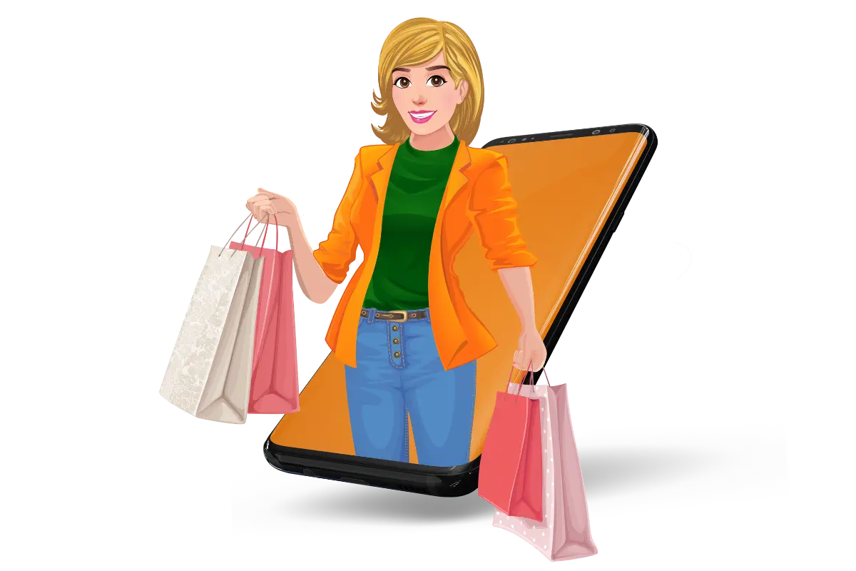 A imagem mostra uma ilustração de uma mulher loira, sorridente, saindo da tela de um smartphone. Ela veste uma blusa verde, blazer laranja e calça jeans azul. Carrega sacolas de compras nas duas mãos, simbolizando compras online. O fundo é branco e limpo.