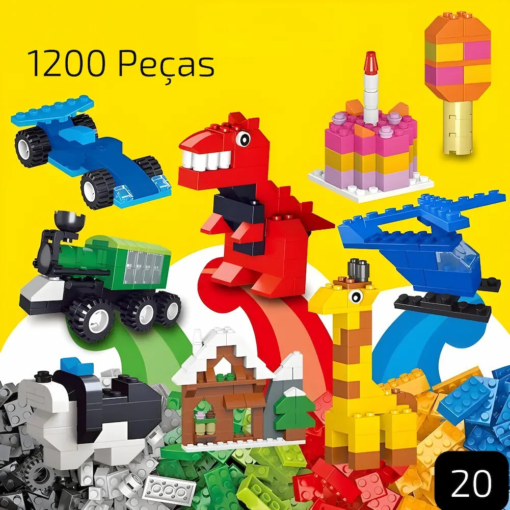 A imagem mostra uma coleção de 1200 peças de blocos de construção. A imagem exibe várias construções possíveis feitas com os blocos, incluindo um carro azul, um dinossauro vermelho, um bolo de aniversário, um helicóptero azul, uma girafa amarela, uma casa, um trator verde e um pinguim. O fundo é amarelo com detalhes coloridos.