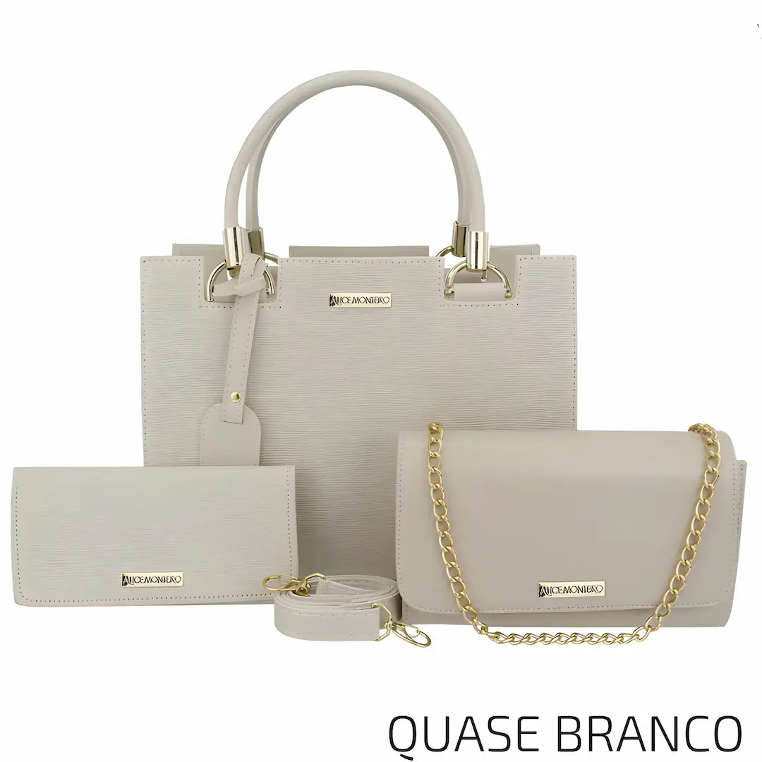 A imagem apresenta um conjunto de bolsas na cor "quase branco", composto por uma bolsa maior com alças estruturadas, uma bolsa clutch com corrente dourada e uma carteira. O design é elegante, com acabamento texturizado e detalhes metálicos. O texto "QUASE BRANCO" aparece no canto inferior direito.
