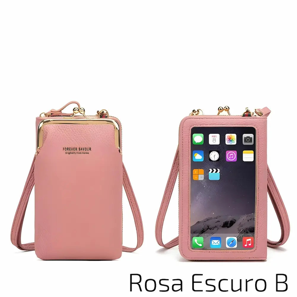 Esta bolsa é de couro rosa escuro, com alça ajustável. Tem uma janela frontal transparente para o celular e um fecho metálico no topo. No canto inferior direito, o código "Rosa Escuro B", uma das opções de compra.