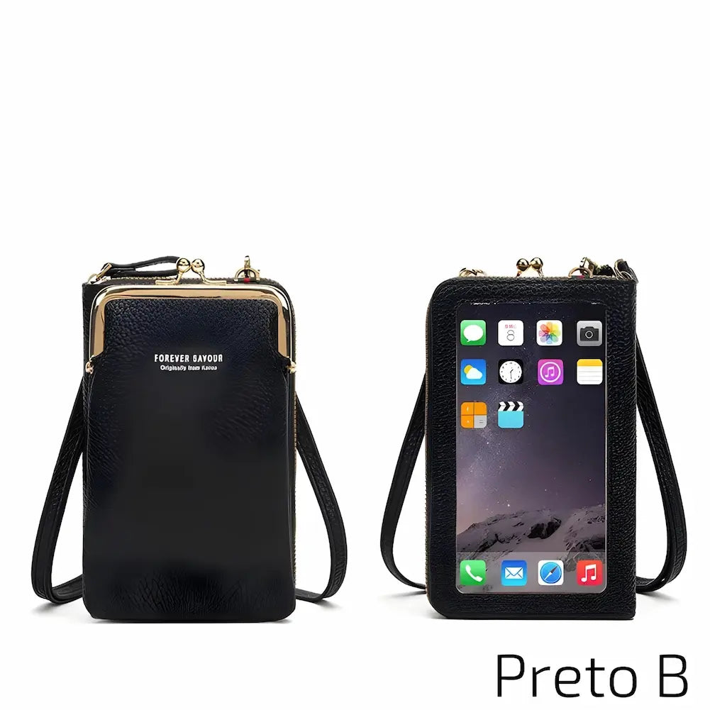 Bolsa de couro preta com alça ajustável. Apresenta uma janela frontal transparente para o celular e um fecho metálico no topo. No canto inferior direito, o código "Preto B", uma das opções de compra