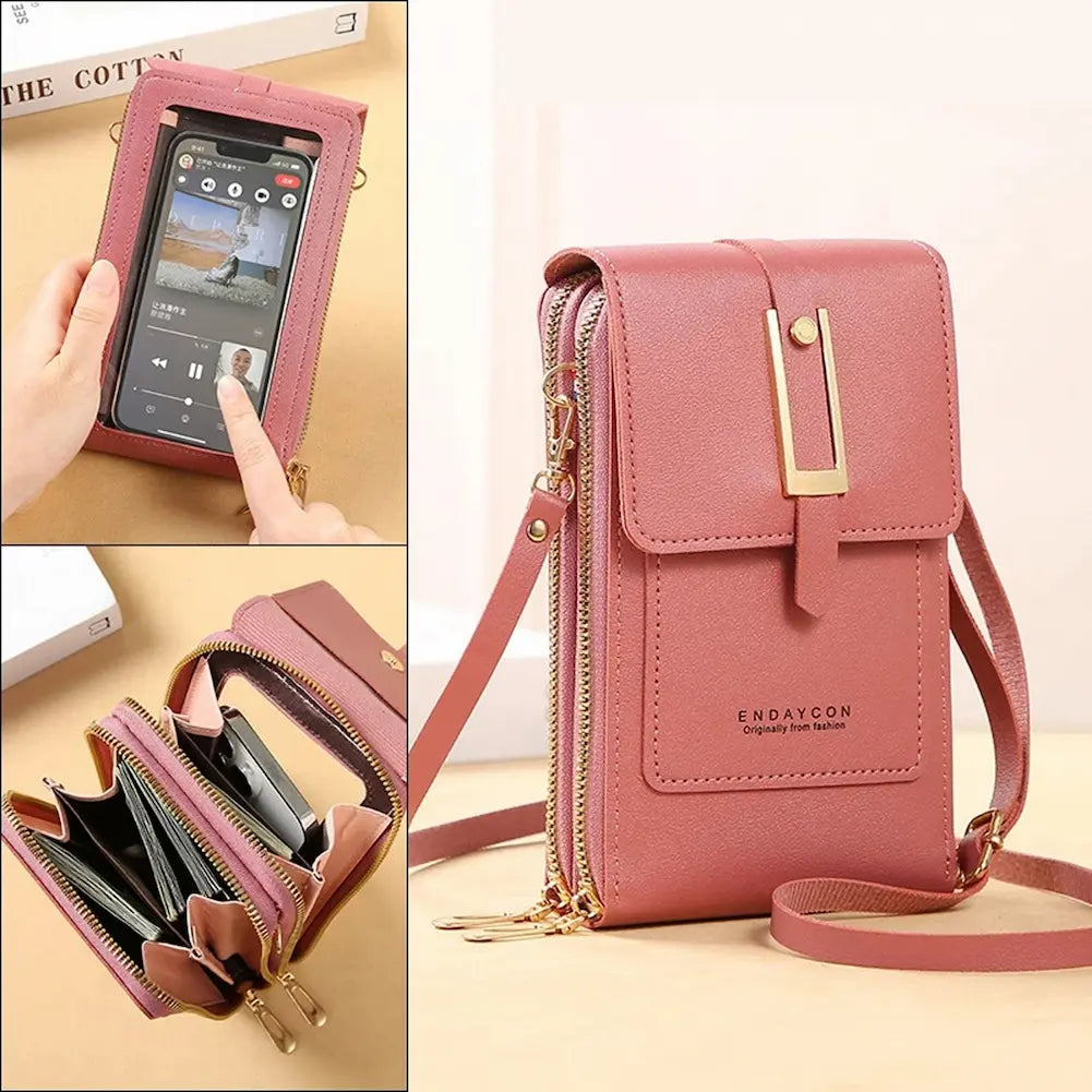 A imagem mostra uma bolsa crossbody rosa, ideal para carregar um celular e outros itens essenciais. Ela tem um compartimento frontal que permite usar o celular sem retirá-lo, além de bolsos internos para cartões e dinheiro. O design é moderno e elegante, com fecho dourado e alça ajustável.