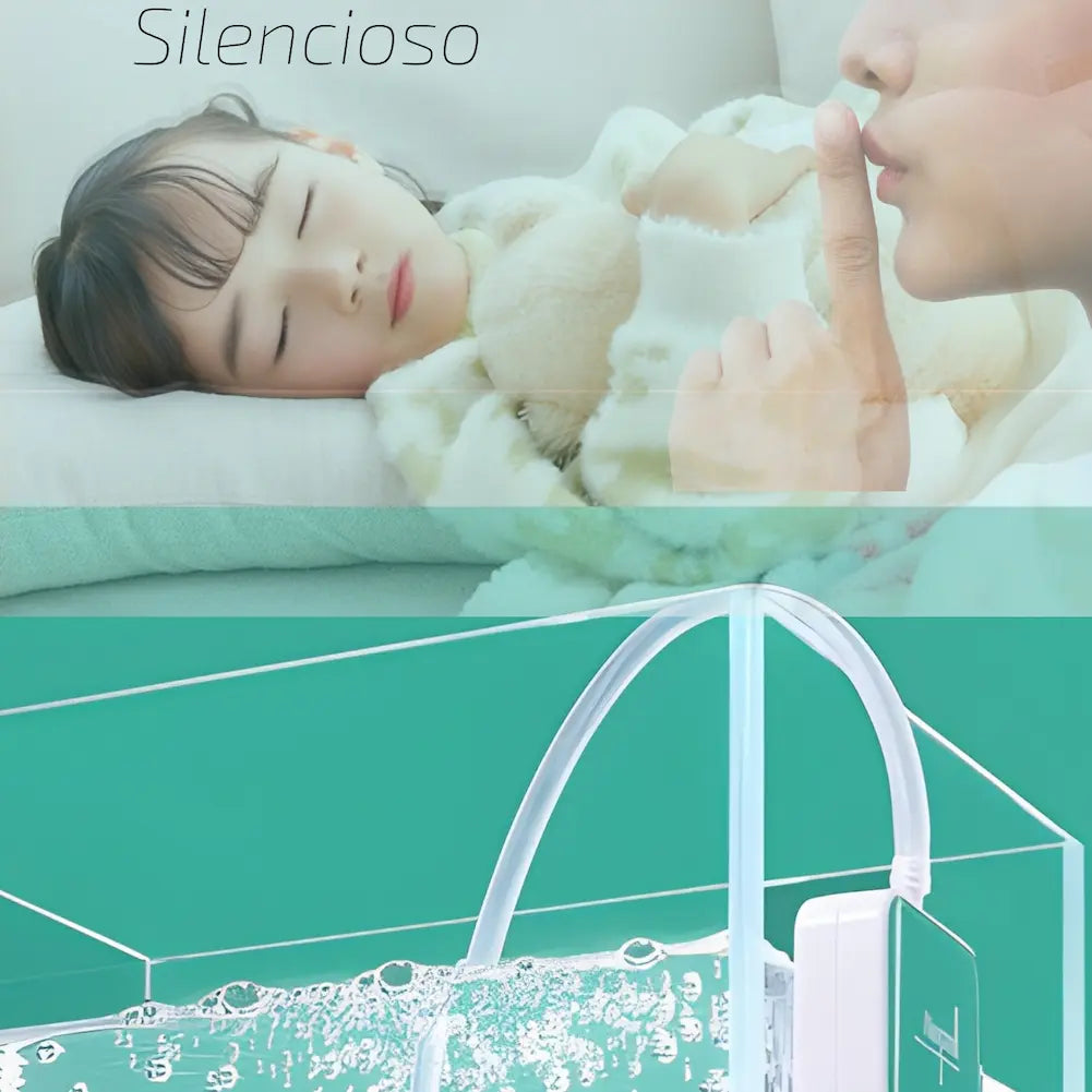 A imagem está dividida em duas partes. Na parte superior, uma criança dorme abraçada a um ursinho de pelúcia, com uma mão adulta fazendo sinal de silêncio ao lado. O texto "Silencioso" está escrito no topo. Na parte inferior, um aquário com um dispositivo verde e branco da marca "Nerall" preso ao lado, com uma mangueira conectada a uma pedra difusora que libera bolhas de ar. O fundo é verde claro.